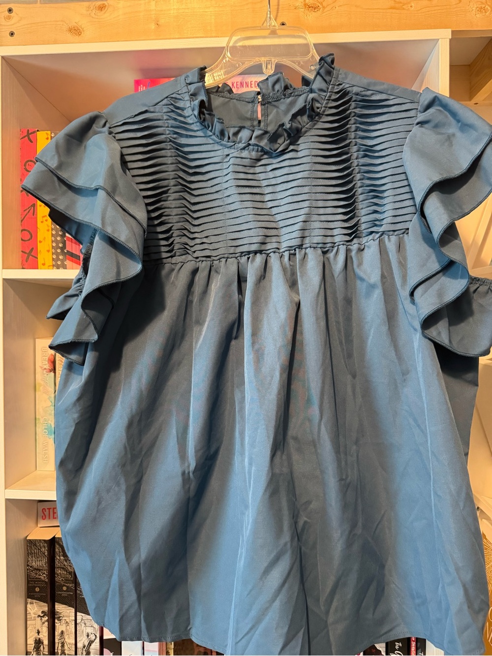 Pleated Ruffle Sleeve Blouse - Blue
